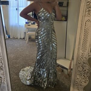Sherri Hill Silver Sequin Beaded Gown